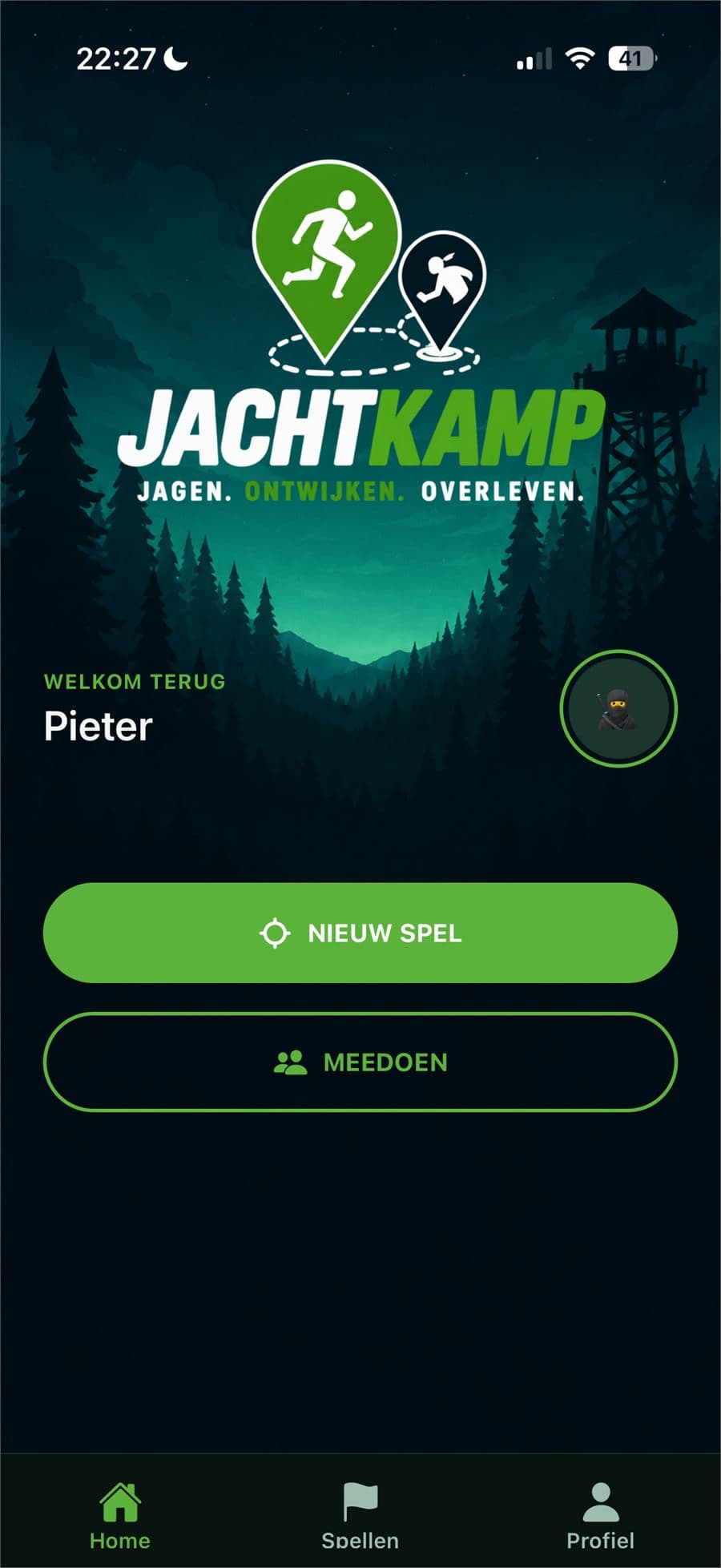 Jachtkamp startscherm met het logo en de knoppen Nieuw spel en Meedoen