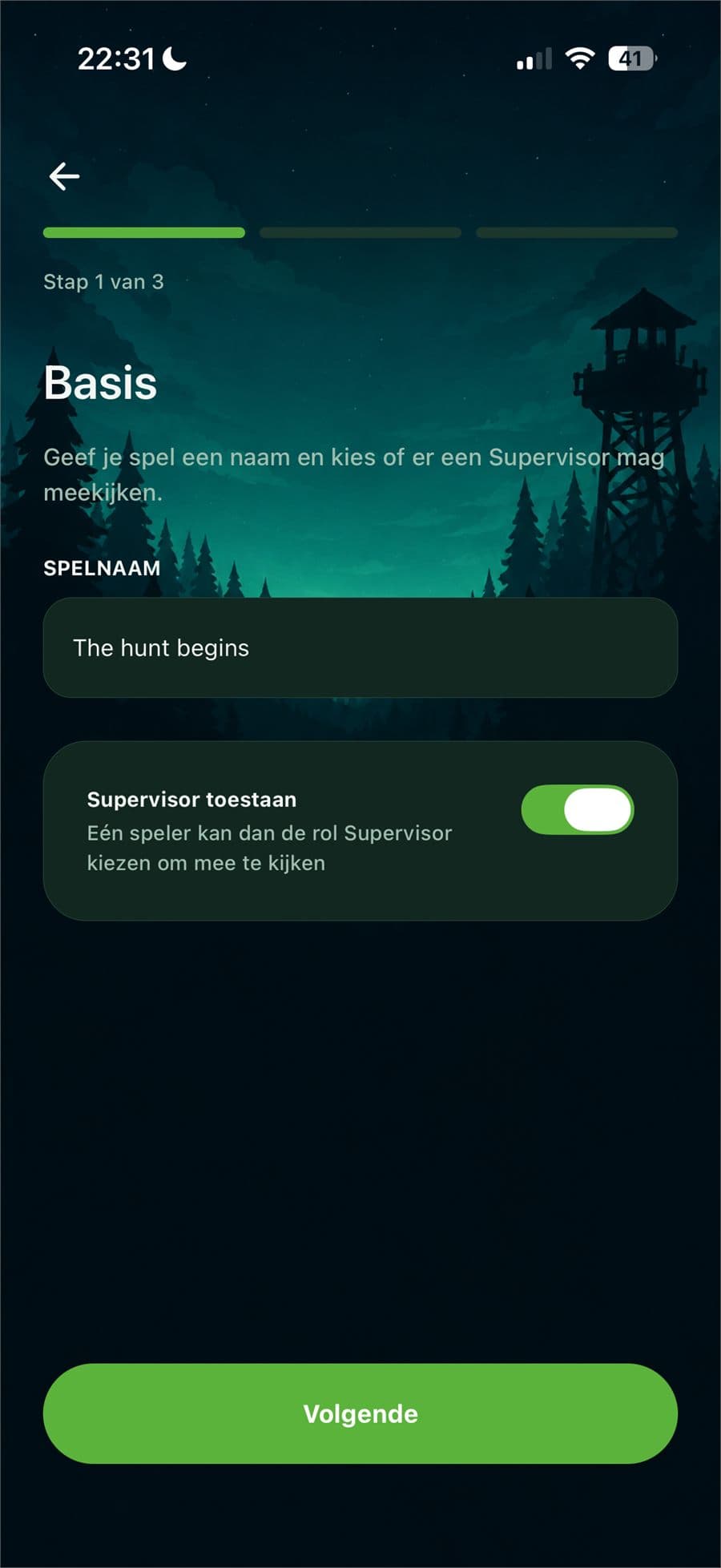 Spel opzetten stap 1 van 3: spelnaam invoeren en Supervisor toestaan