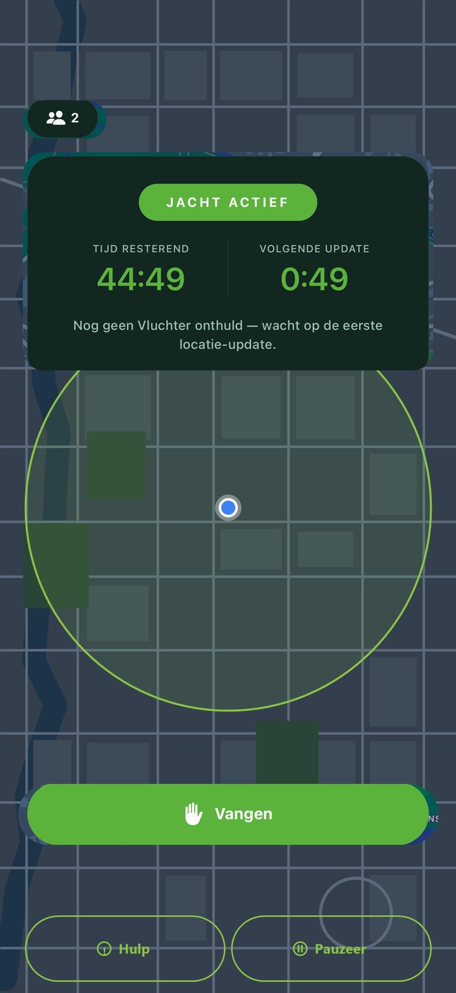 Live jacht op de kaart met resterende tijd en de Vangen-knop