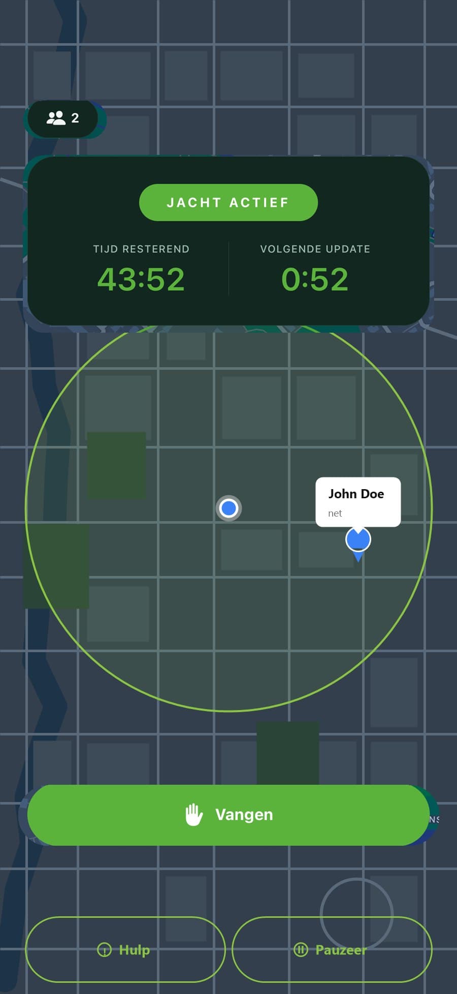 Live jacht met de locatie van een andere speler zichtbaar op de kaart