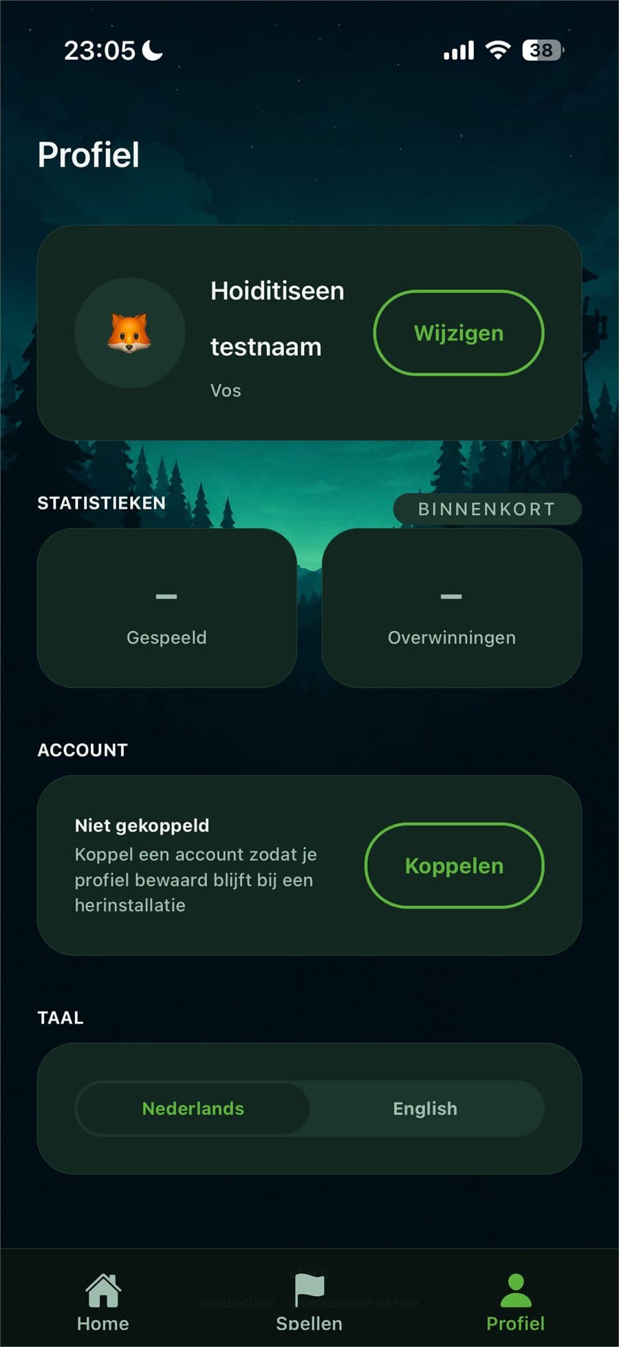 Profielscherm met avatar, naam, statistieken en taalinstelling